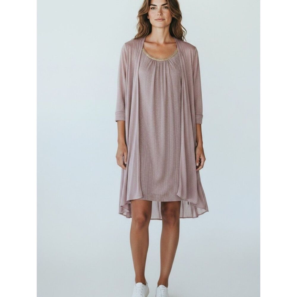 R&M Richards Women’s 2-Piece Mauve Striped Knit Dress & Sheer Jacket Beaded 14